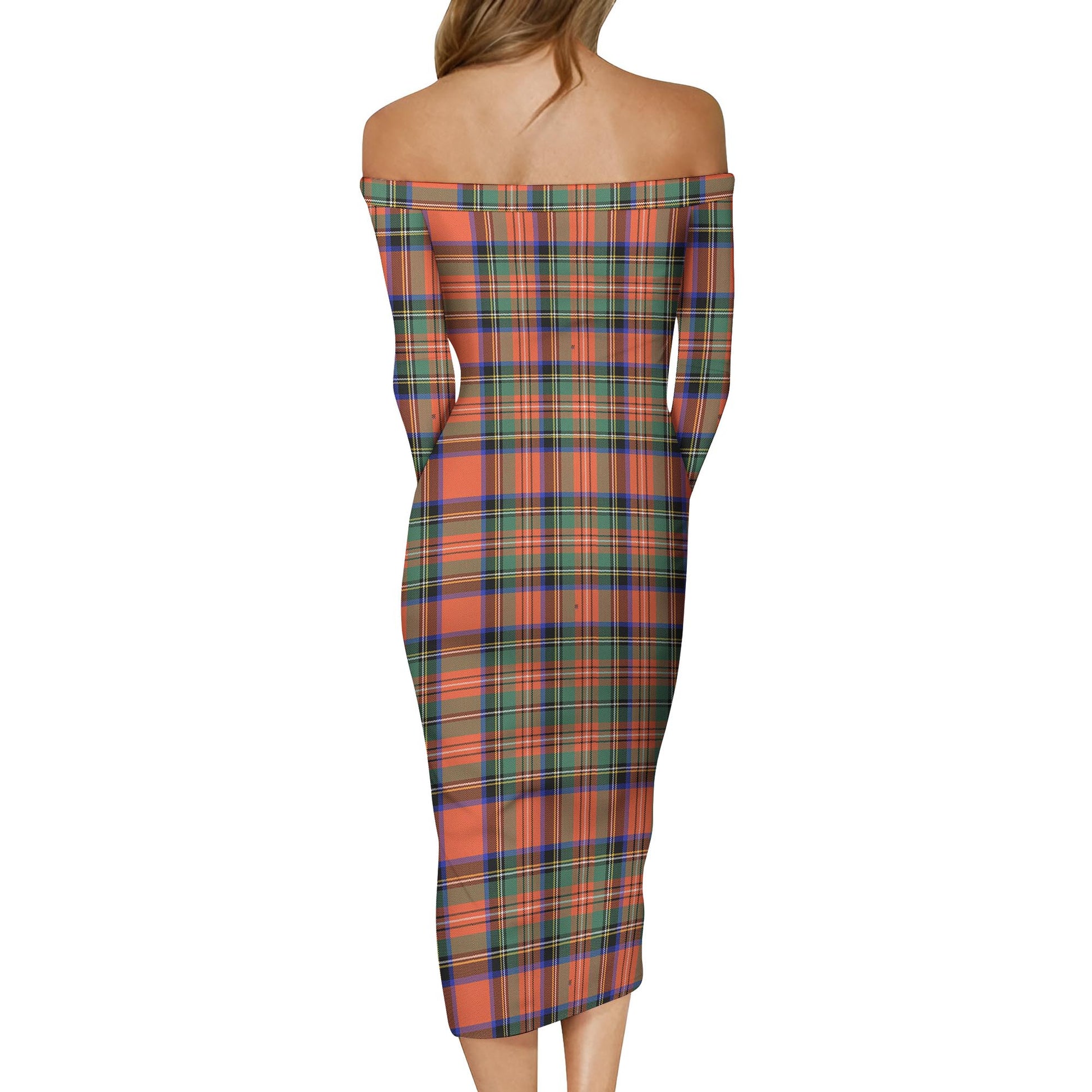 Stewart Royal Ancient Tartan Off Shoulder Lady Dress - Tartanvibesclothing