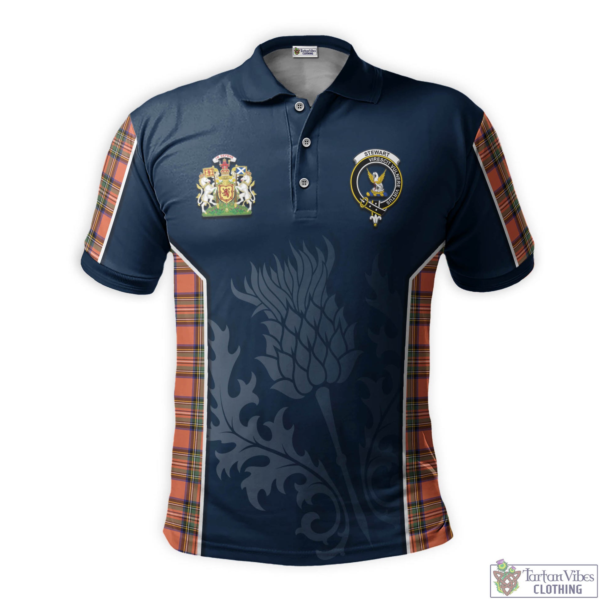 Tartan Vibes Clothing Stewart Royal Ancient Tartan Men's Polo Shirt with Family Crest and Scottish Thistle Vibes Sport Style