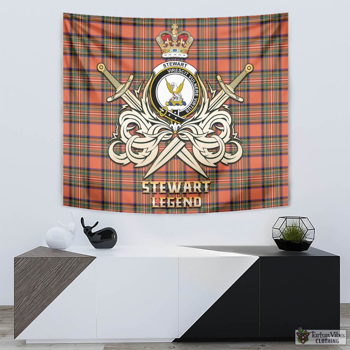 Tartan Vibes Clothing Stewart Royal Ancient Tartan Tapestry with Clan Crest and the Golden Sword of Courageous Legacy