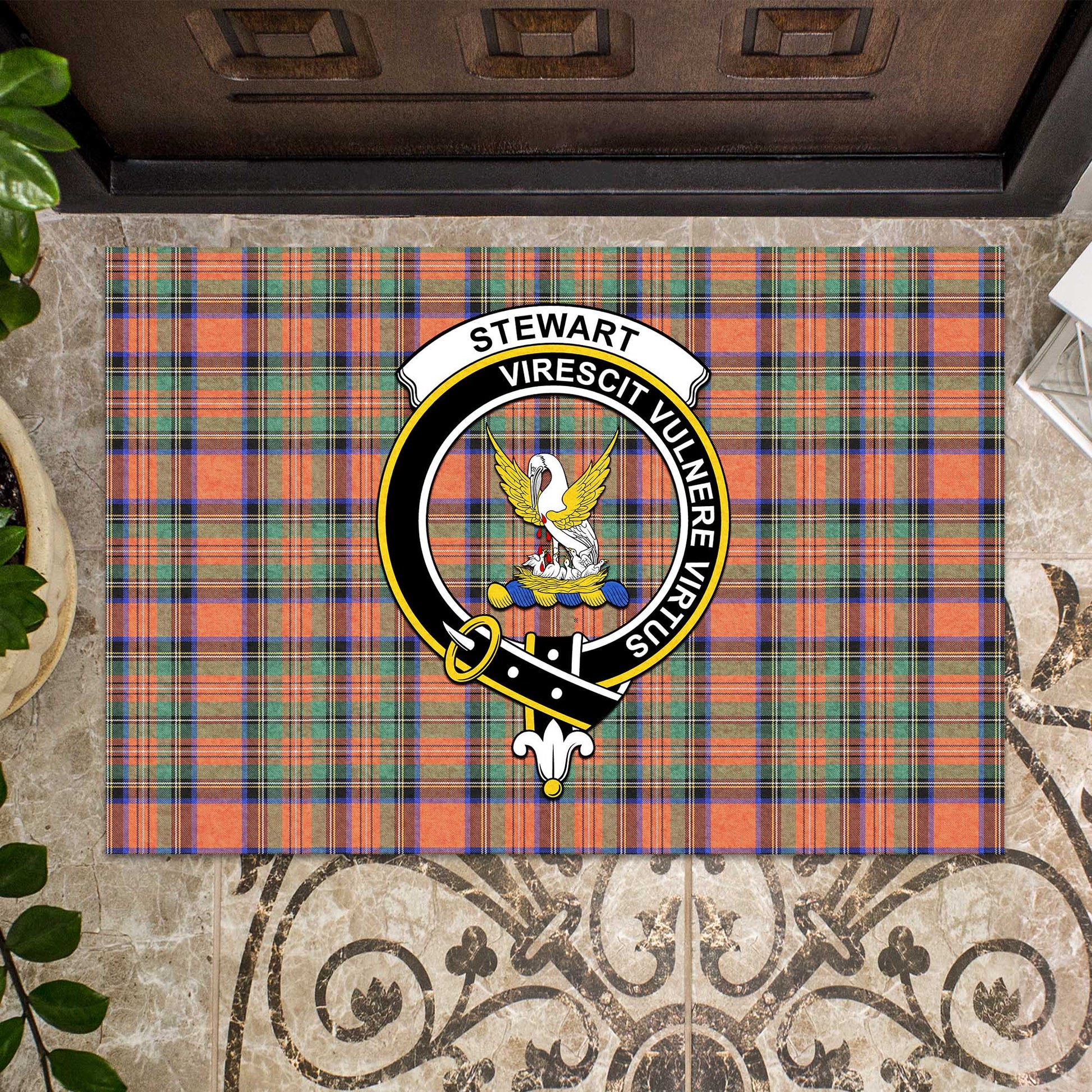 Stewart Royal Ancient Tartan Door Mat with Family Crest - Tartanvibesclothing Shop