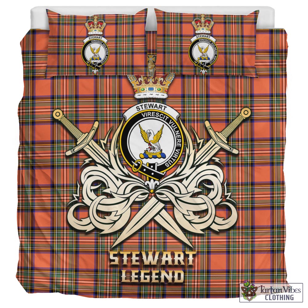 Tartan Vibes Clothing Stewart Royal Ancient Tartan Bedding Set with Clan Crest and the Golden Sword of Courageous Legacy