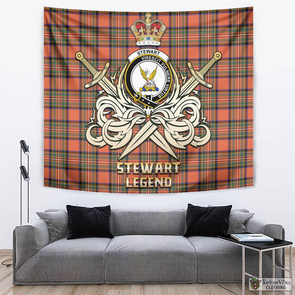 Tartan Vibes Clothing Stewart Royal Ancient Tartan Tapestry with Clan Crest and the Golden Sword of Courageous Legacy