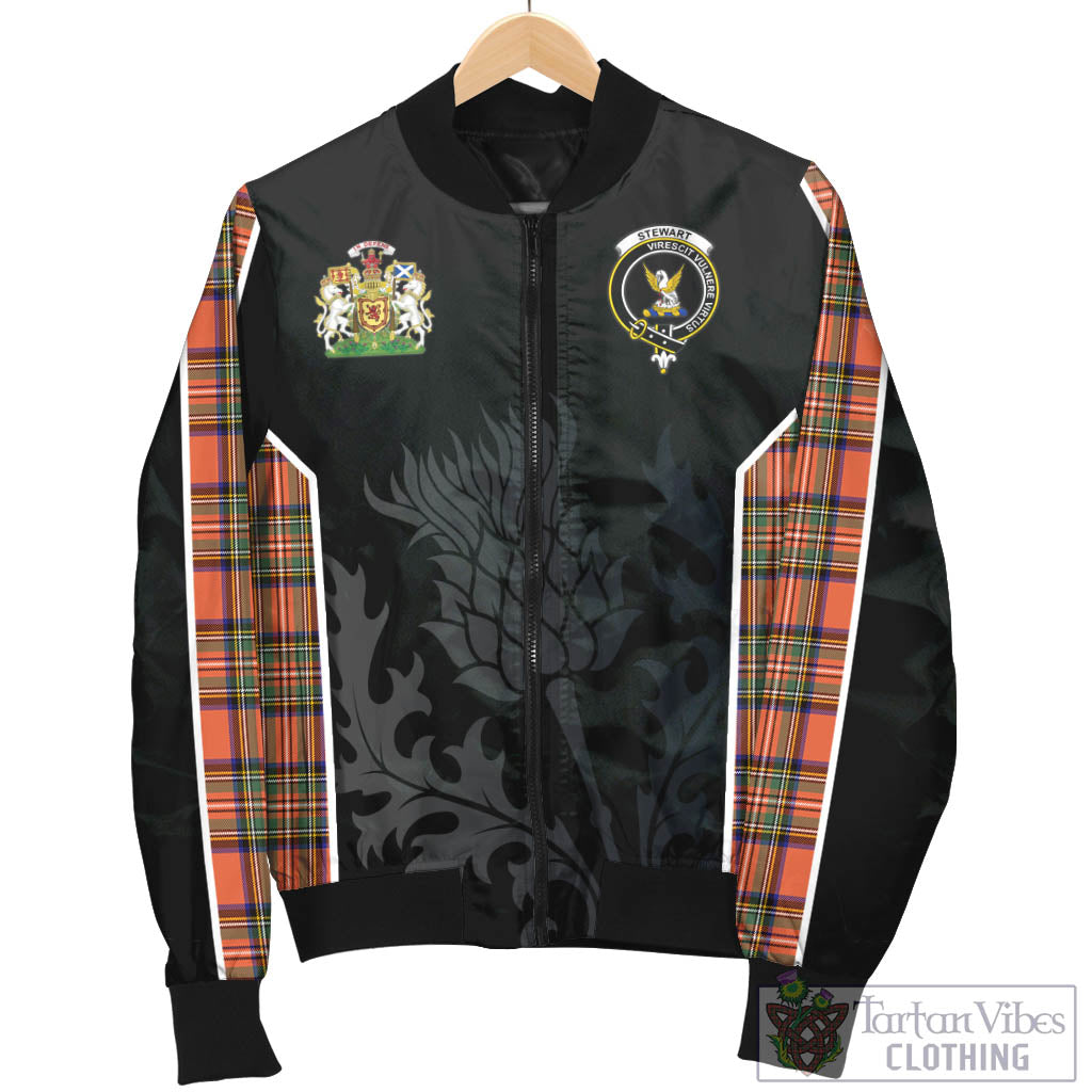 Tartan Vibes Clothing Stewart Royal Ancient Tartan Bomber Jacket with Family Crest and Scottish Thistle Vibes Sport Style