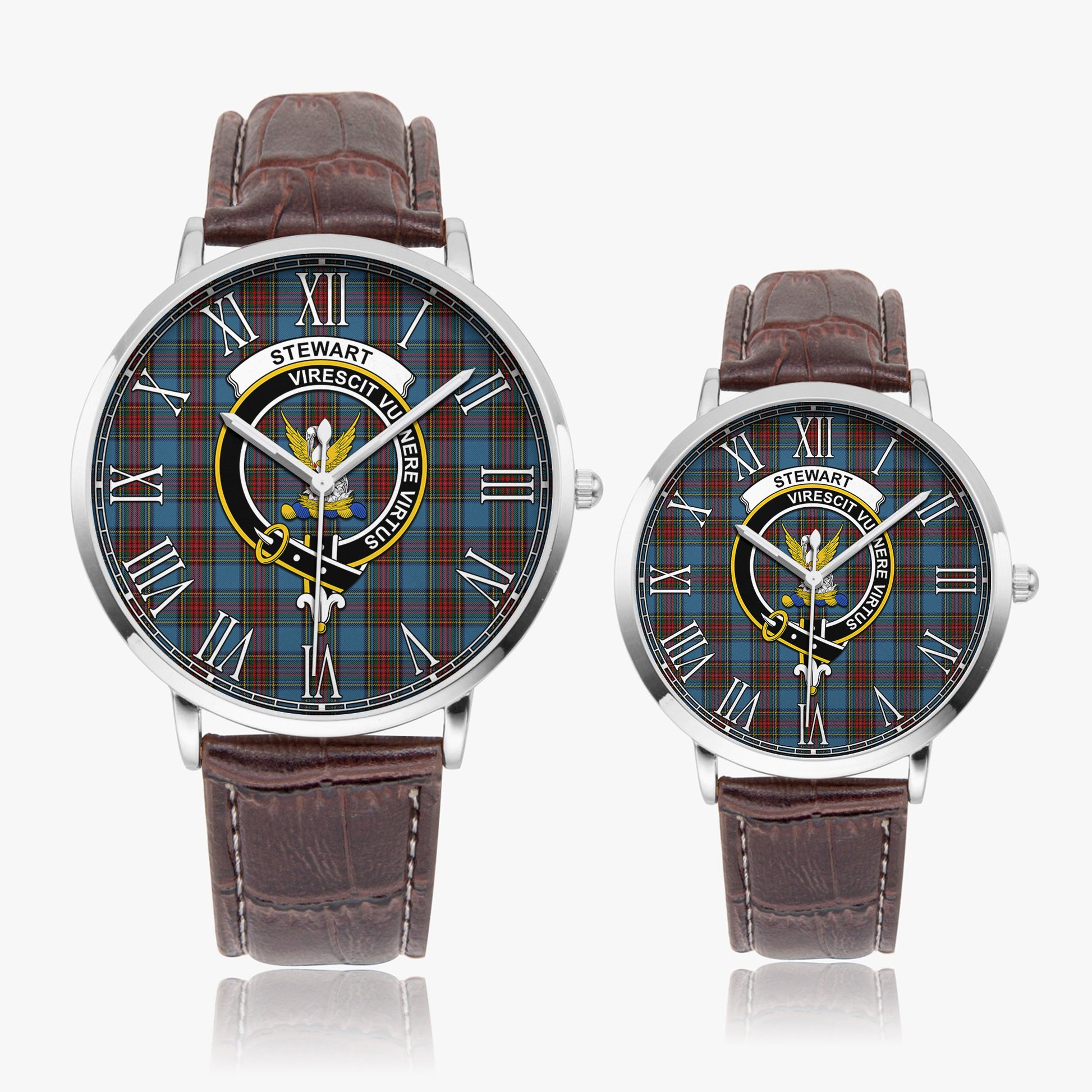 Stewart Royal Blue Tartan Family Crest Leather Strap Quartz Watch - Tartanvibesclothing