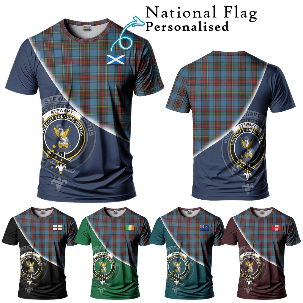 Stewart Royal Blue Tartan T-Shirt with Personalised National Flag and Family Crest Half Style Kid's Shirt - Tartanvibesclothing Shop