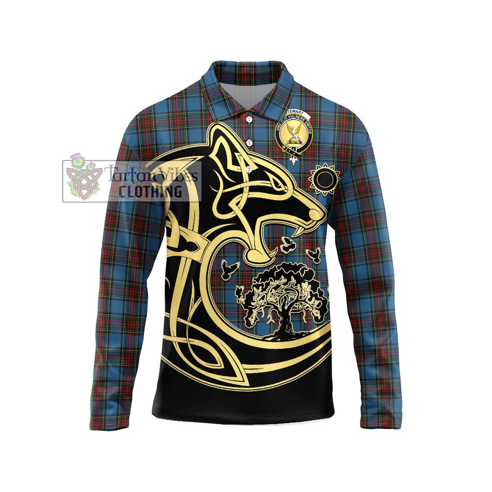 Stewart Royal Blue Tartan Long Sleeve Polo Shirt with Family Crest Celtic Wolf Style Unisex - Tartanvibesclothing Shop