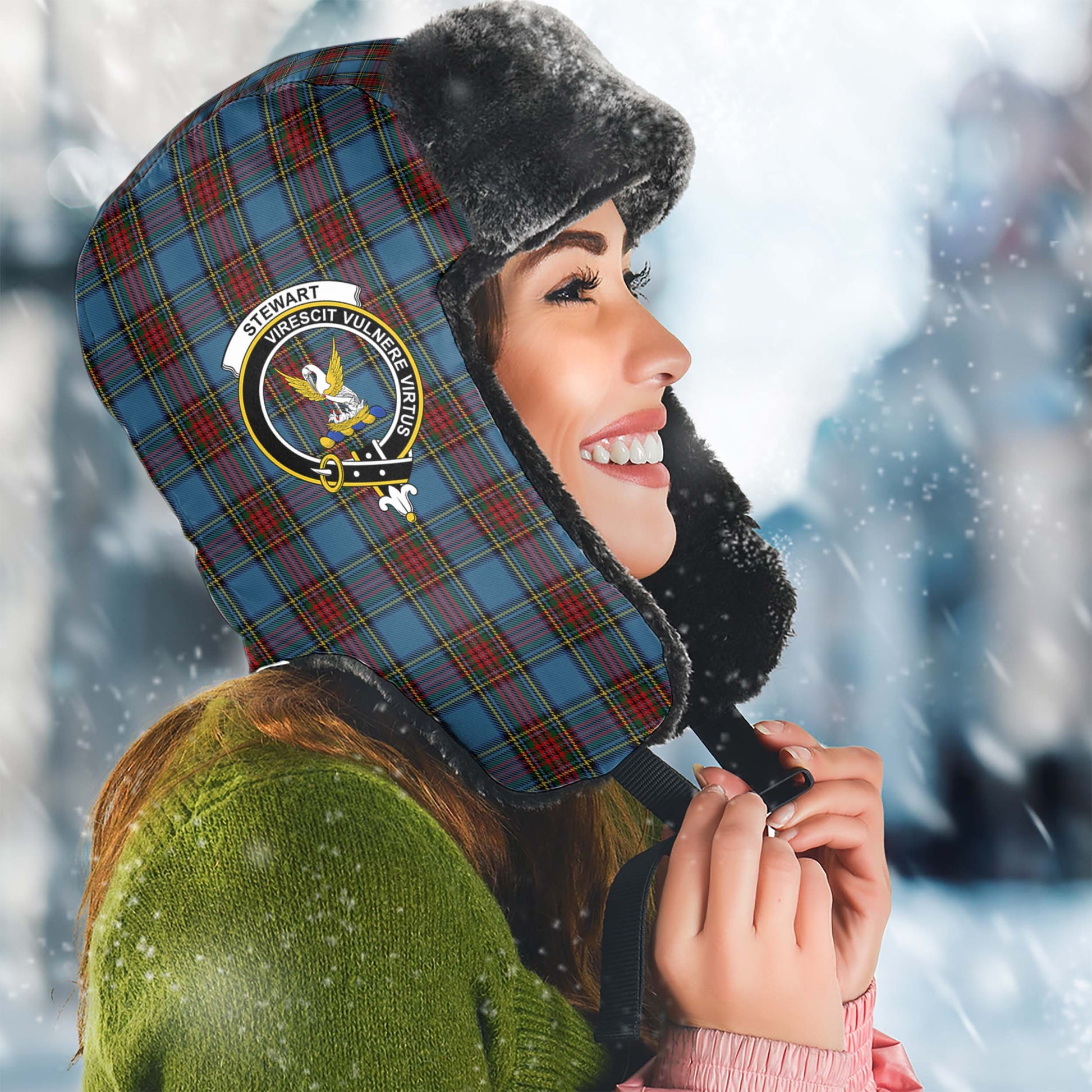 Stewart Royal Blue Tartan Winter Trapper Hat with Family Crest Winter Trapper Hat Universal Fit Circumference 22.8in (58cm) - Tartanvibesclothing