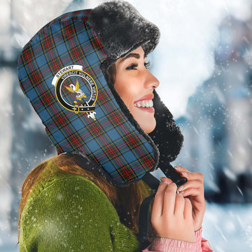 Stewart Royal Blue Tartan Winter Trapper Hat with Family Crest