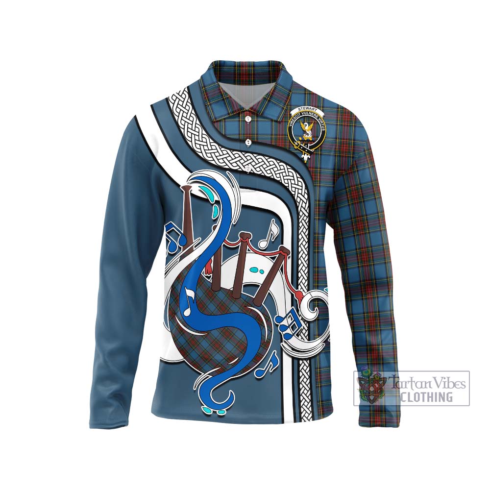 Tartan Vibes Clothing Stewart Royal Blue Tartan Long Sleeve Polo Shirt with Epic Bagpipe Style