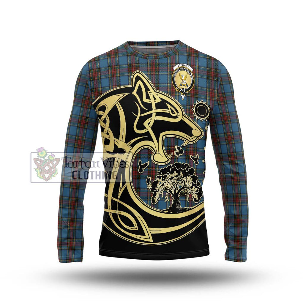 Stewart Royal Blue Tartan Long Sleeve T-Shirt with Family Crest Celtic Wolf Style Unisex - Tartan Vibes Clothing