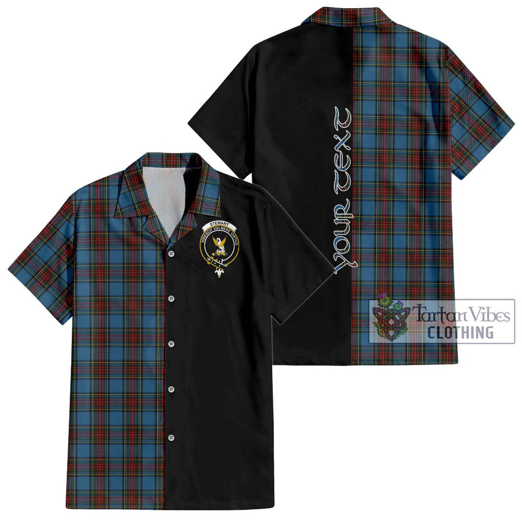 Stewart Royal Blue Tartan Short Sleeve Button Shirt with Family Crest and Half Of Me Style Kid - Tartanvibesclothing Shop