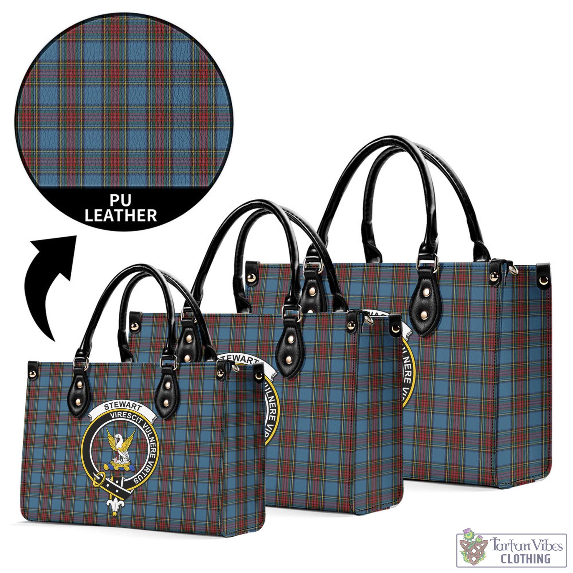 Tartan Vibes Clothing Stewart Royal Blue Tartan Luxury Leather Handbags with Family Crest