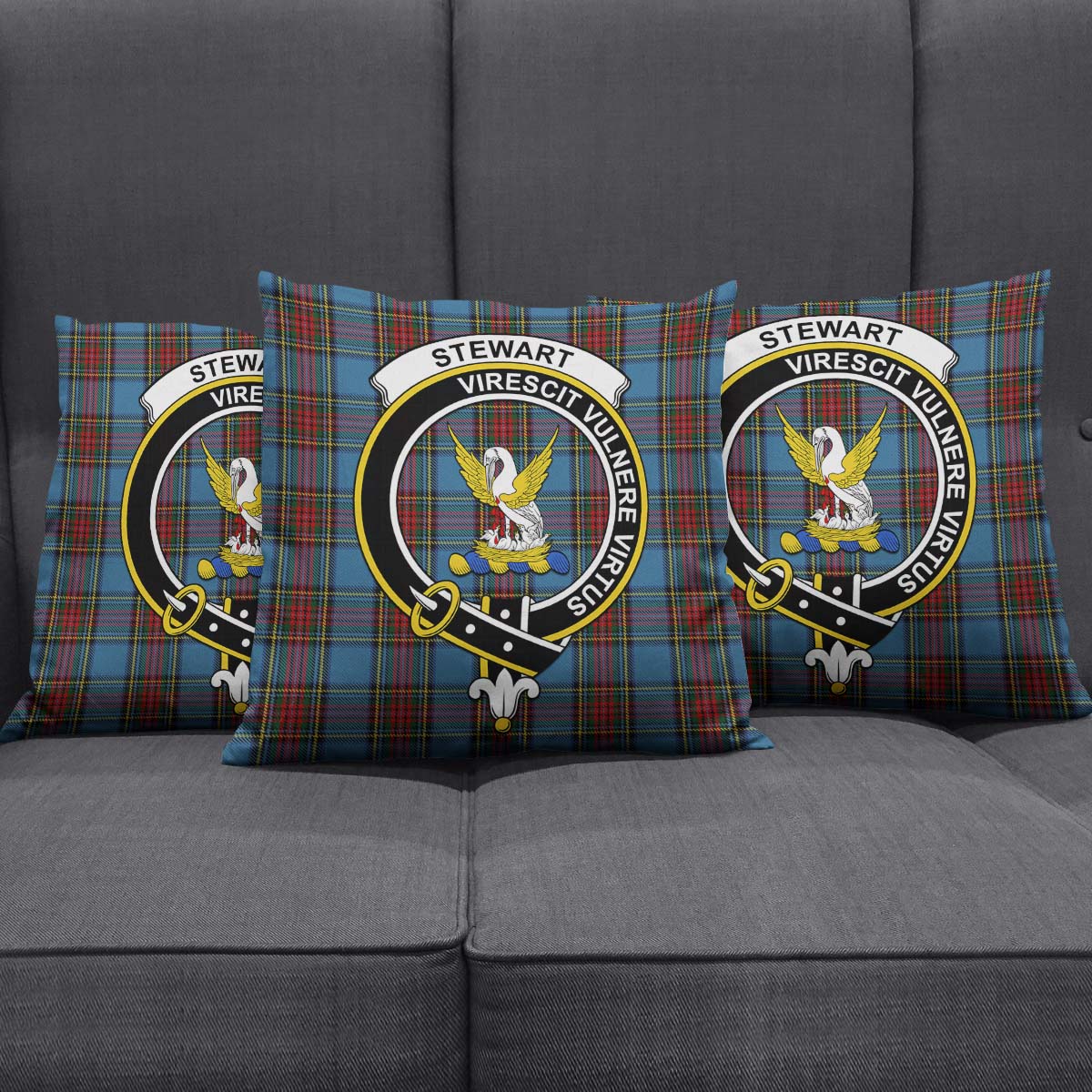 Stewart Royal Blue Tartan Pillow Cover with Family Crest Square Pillow Cover - Tartanvibesclothing