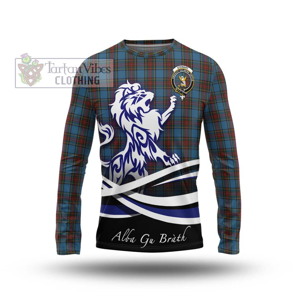 Stewart Royal Blue Tartan Long Sleeve T-Shirt with Alba Gu Brath Regal Lion Emblem Unisex - Tartanvibesclothing Shop