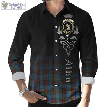 Stewart Royal Blue Tartan Long Sleeve Button Up Featuring Alba Gu Brath Family Crest Celtic Inspired