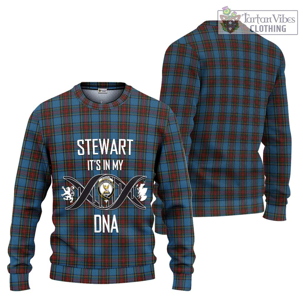 Stewart Royal Blue Tartan Knitted Sweater with Family Crest DNA In Me Style Unisex - Tartanvibesclothing Shop