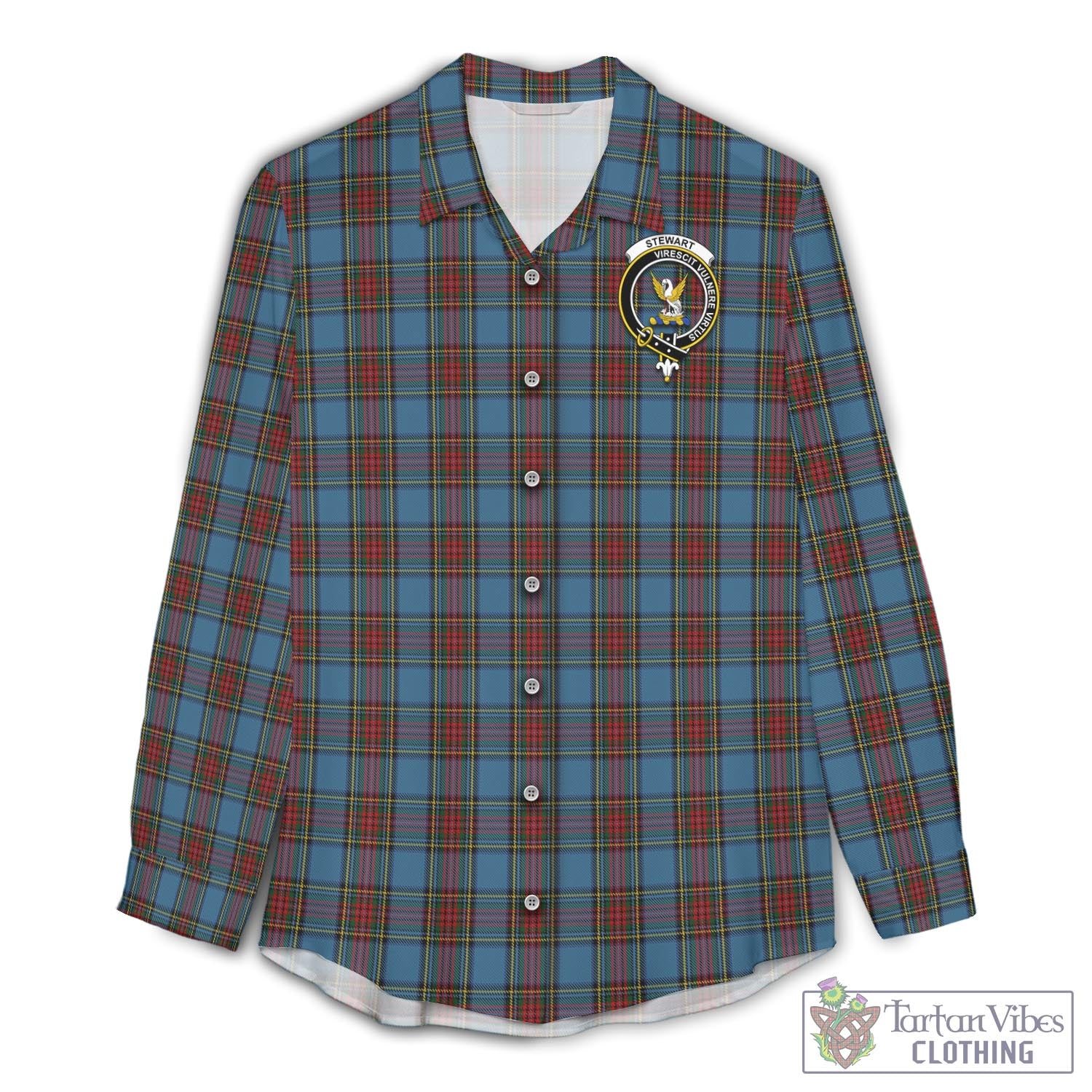 Tartan Vibes Clothing Stewart Royal Blue Tartan Womens Casual Shirt with Family Crest