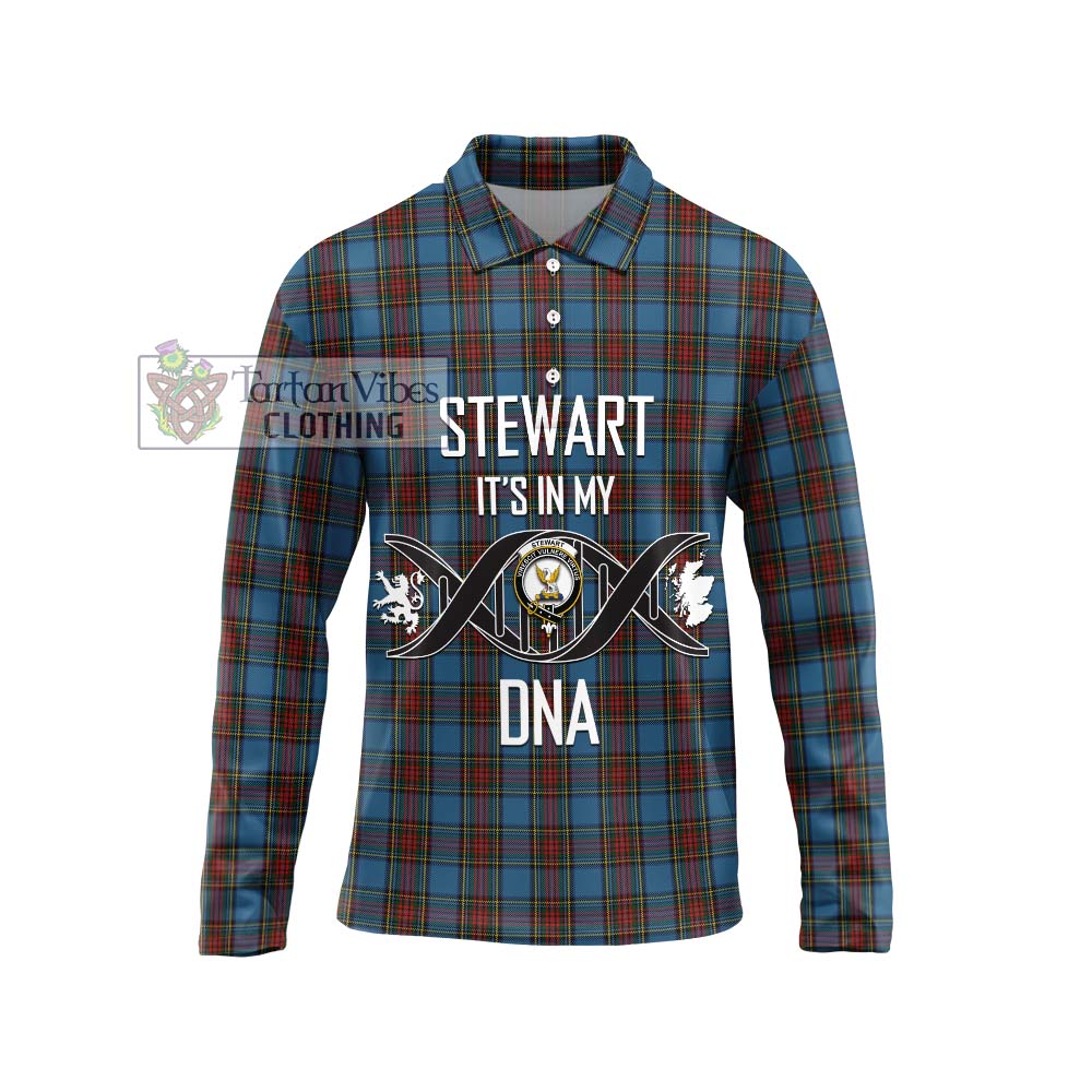 Stewart Royal Blue Tartan Long Sleeve Polo Shirt with Family Crest DNA In Me Style Unisex - Tartanvibesclothing Shop