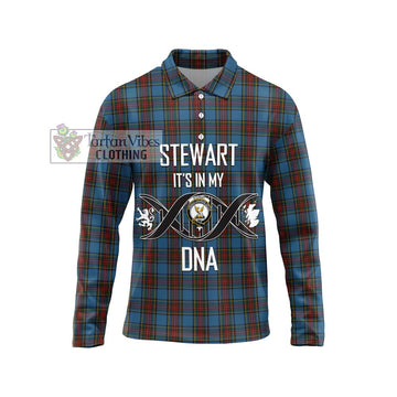 Stewart Royal Blue Tartan Long Sleeve Polo Shirt with Family Crest DNA In Me Style