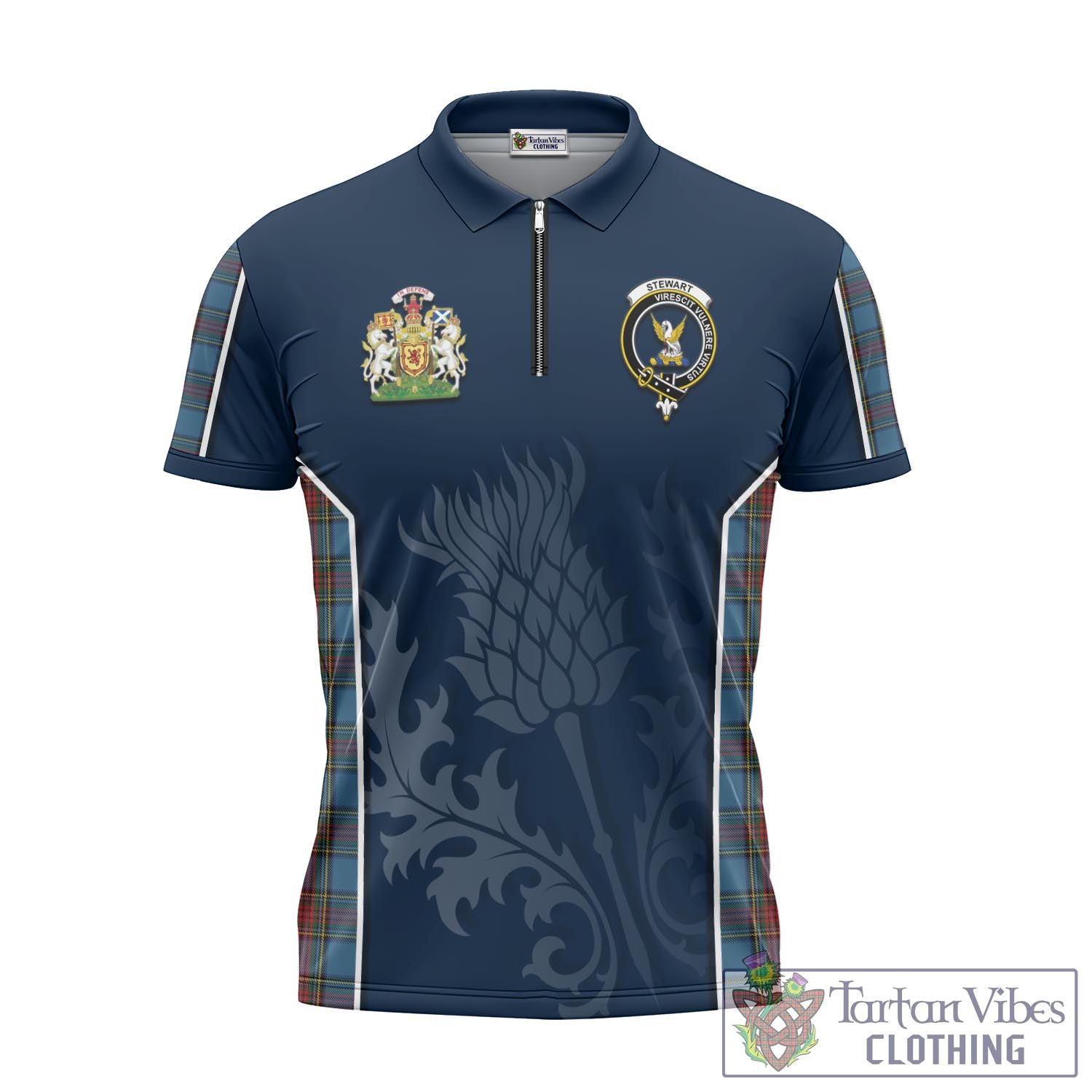 Tartan Vibes Clothing Stewart Royal Blue Tartan Zipper Polo Shirt with Family Crest and Scottish Thistle Vibes Sport Style