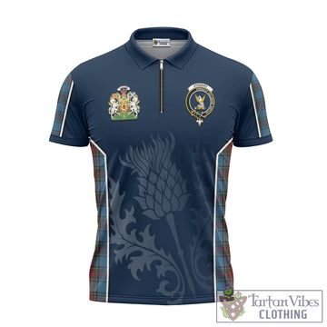 Stewart Royal Blue Tartan Zipper Polo Shirt with Family Crest and Scottish Thistle Vibes Sport Style