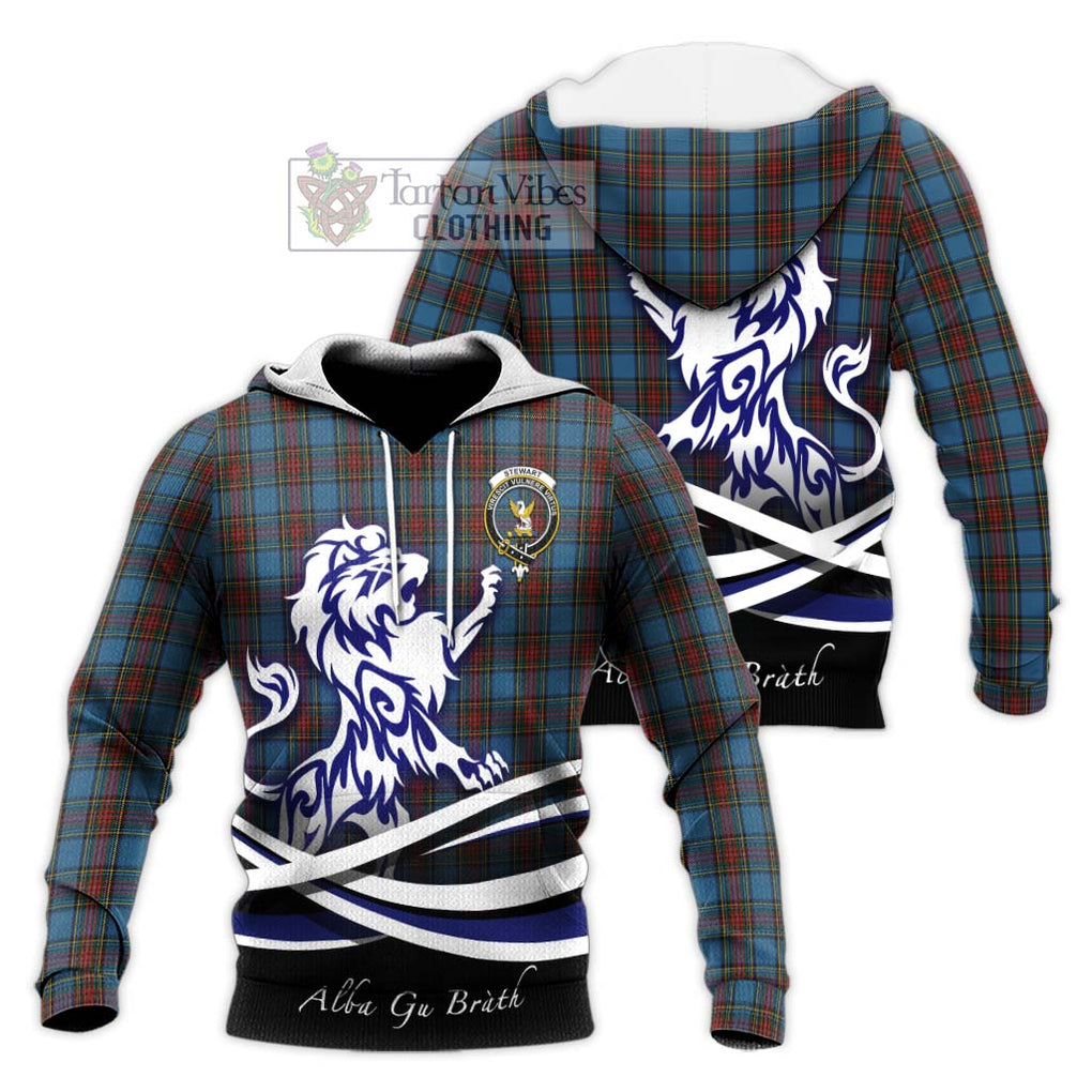 Stewart Royal Blue Tartan Knitted Hoodie with Alba Gu Brath Regal Lion Emblem Unisex Knitted Pullover Hoodie - Tartanvibesclothing Shop