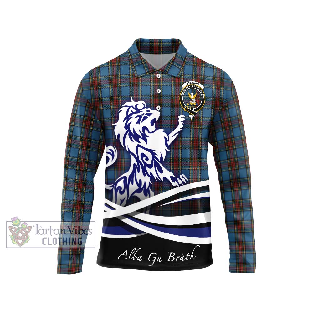 Stewart Royal Blue Tartan Long Sleeve Polo Shirt with Alba Gu Brath Regal Lion Emblem Unisex - Tartanvibesclothing Shop