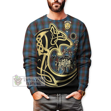 Stewart Royal Blue Tartan Sweatshirt with Family Crest Celtic Wolf Style