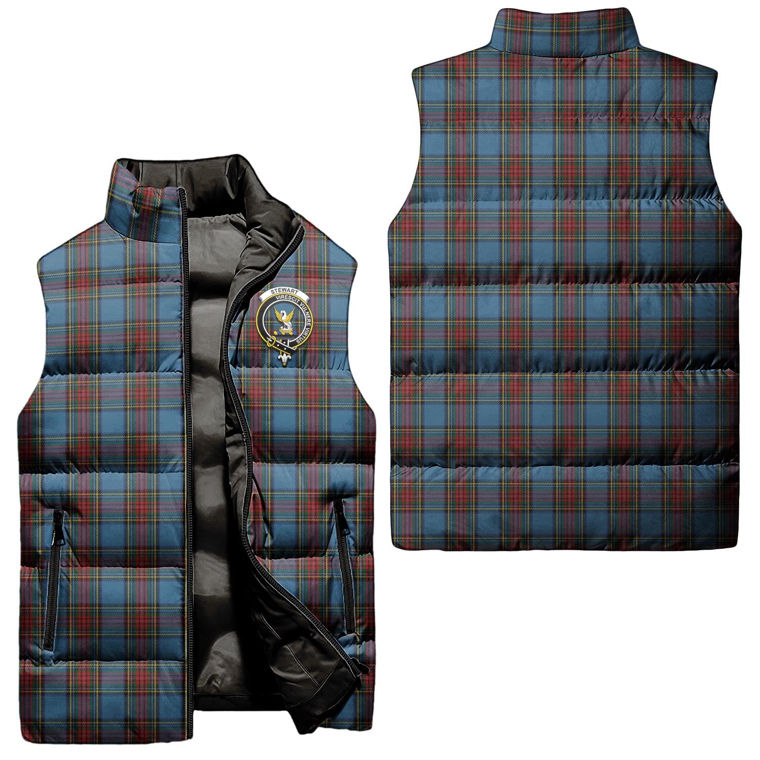 Stewart Royal Blue Tartan Sleeveless Puffer Jacket with Family Crest Unisex - Tartanvibesclothing