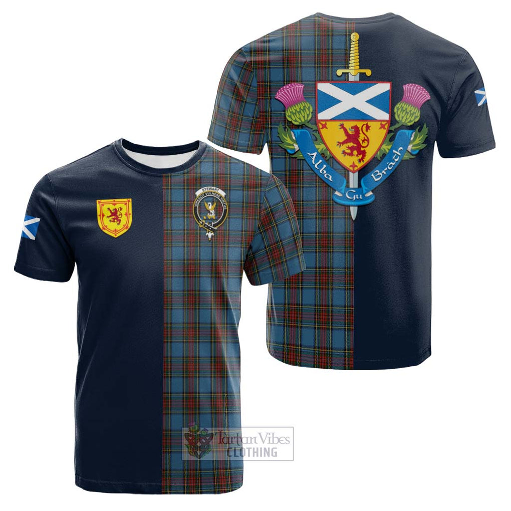 Tartan Vibes Clothing Stewart Royal Blue Tartan Cotton T-shirt with Scottish Lion Royal Arm Half Style