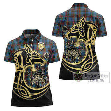 Stewart Royal Blue Tartan Women's Polo Shirt with Family Crest Celtic Wolf Style