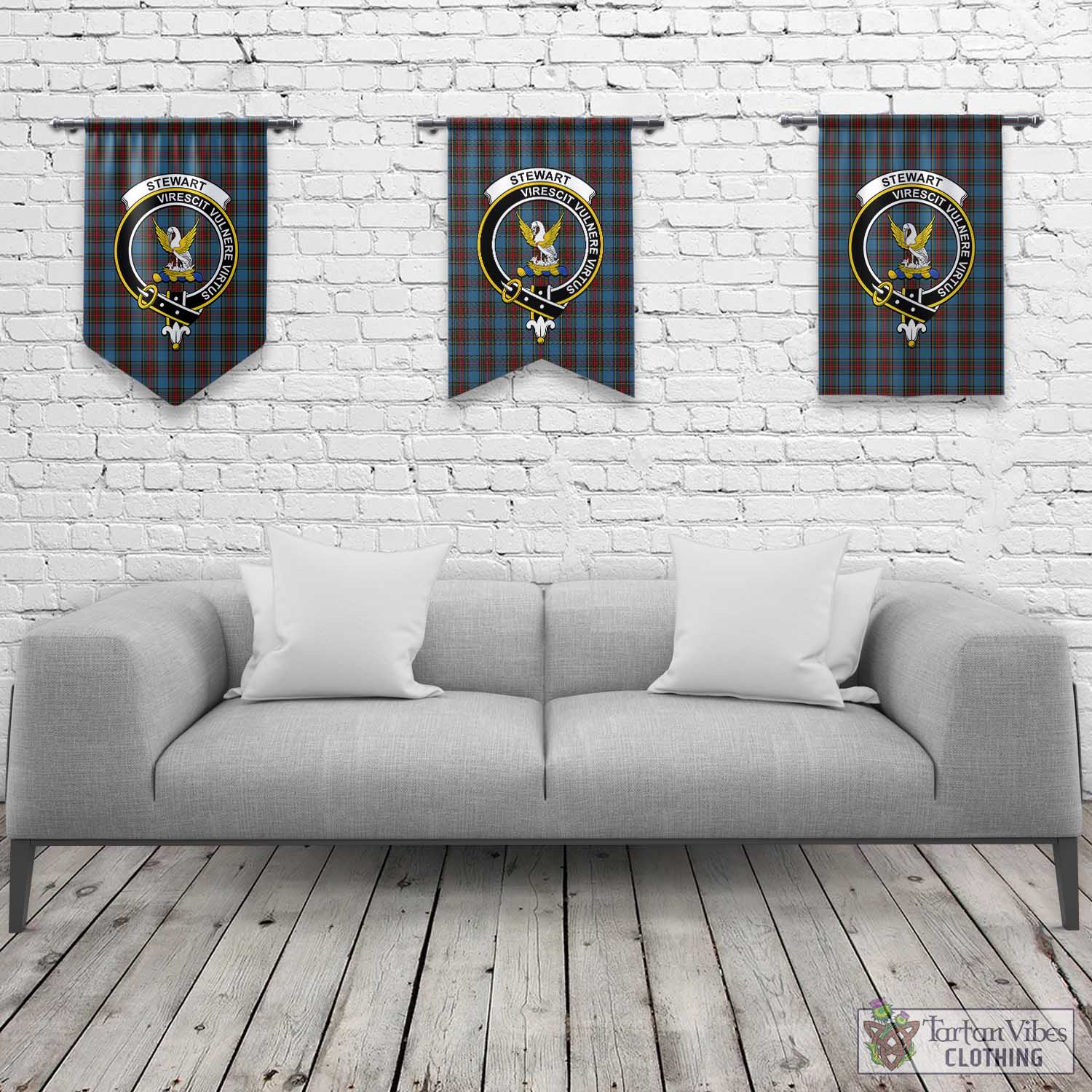 Tartan Vibes Clothing Stewart Royal Blue Tartan Gonfalon, Tartan Banner with Family Crest