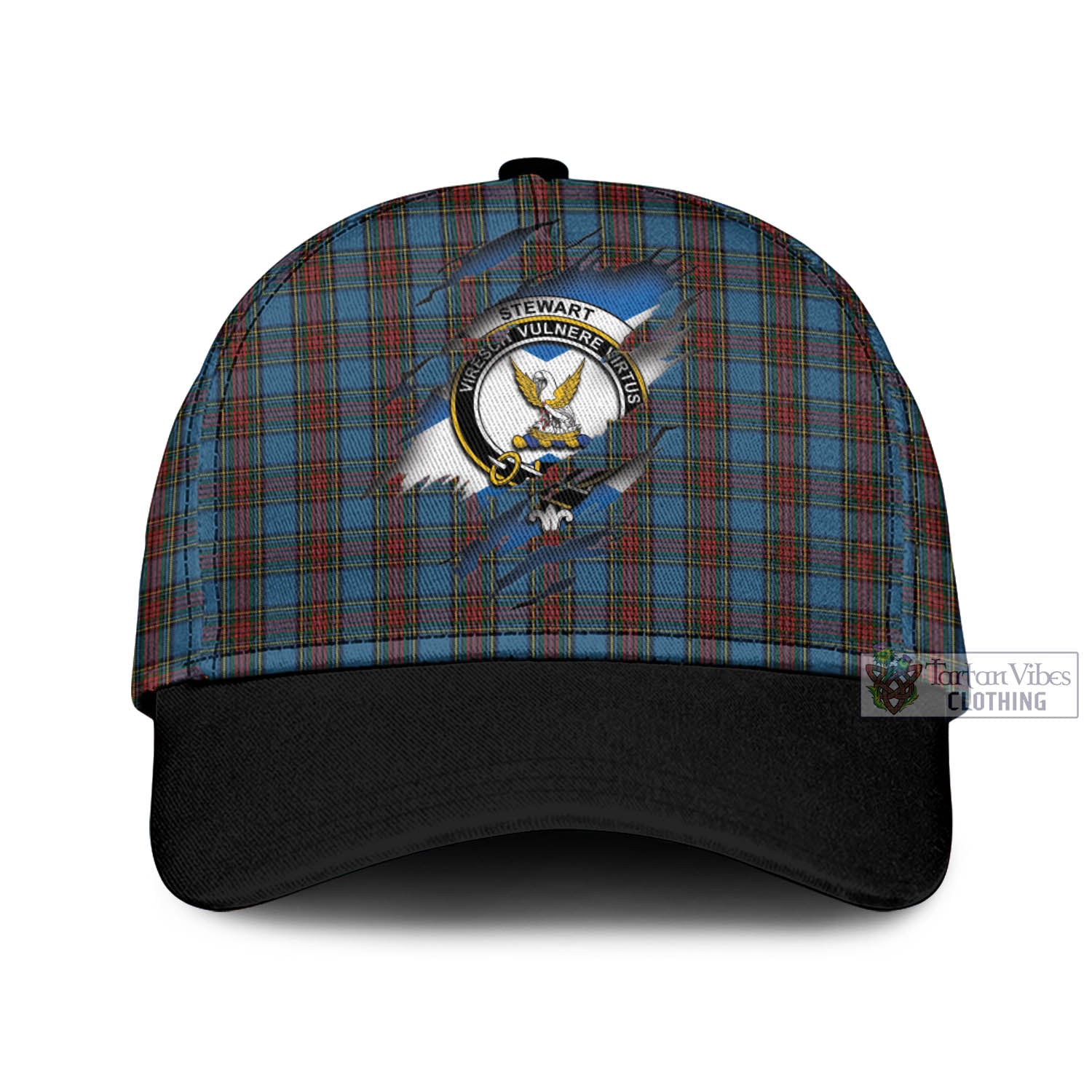 Tartan Vibes Clothing Stewart Royal Blue Tartan Classic Cap with Family Crest In Me Style