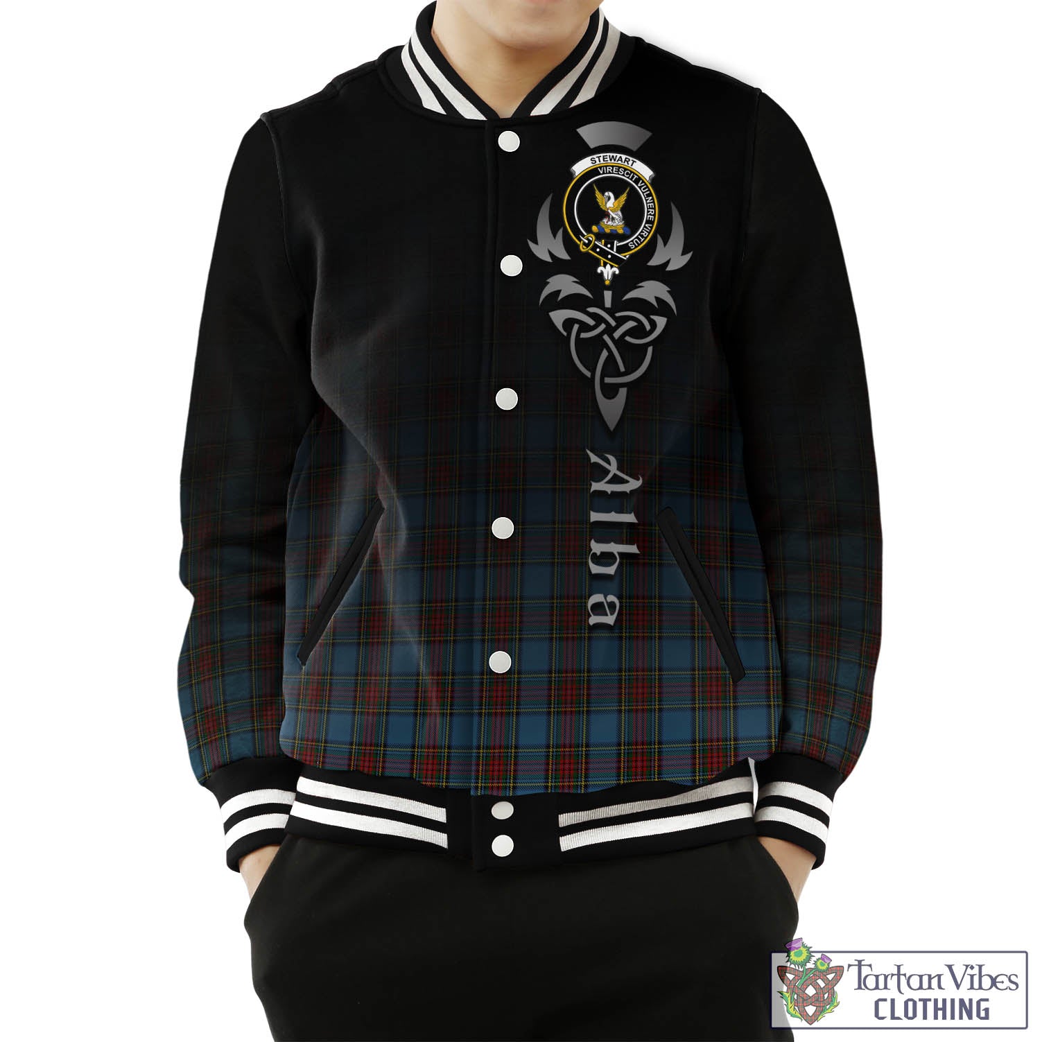 Tartan Vibes Clothing Stewart Royal Blue Tartan Baseball Jacket Featuring Alba Gu Brath Family Crest Celtic Inspired