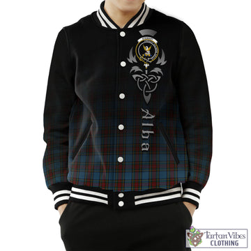 Stewart Royal Blue Tartan Baseball Jacket Featuring Alba Gu Brath Family Crest Celtic Inspired