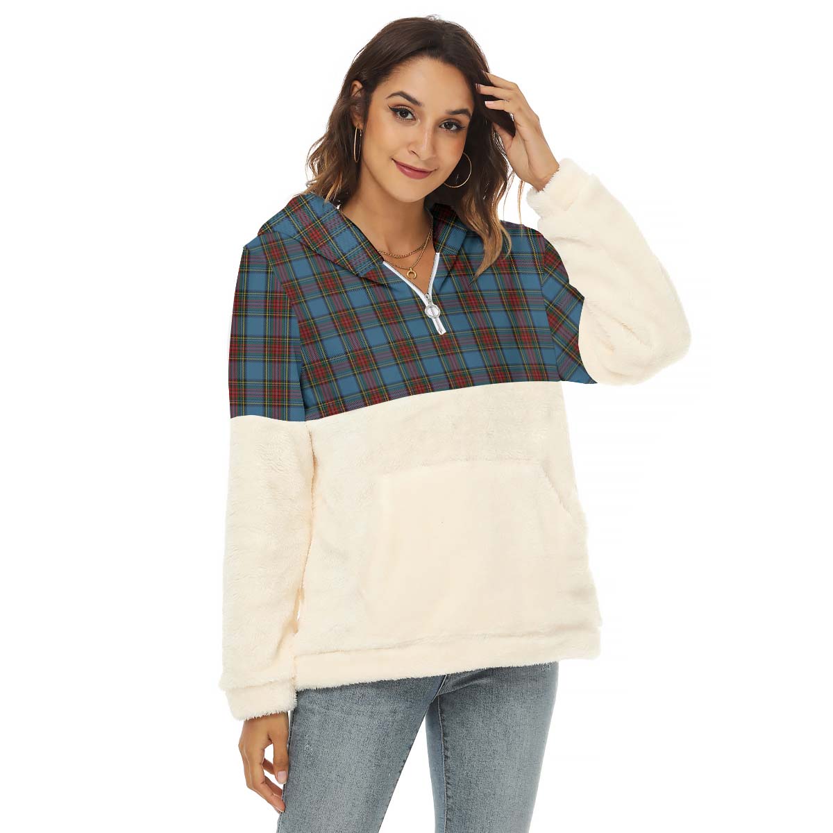 Stewart Royal Blue Tartan Women's Borg Fleece Hoodie With Half Zip Female - Tartan Vibes Clothing