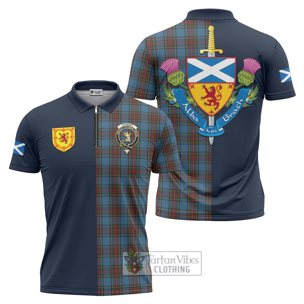 Tartan Vibes Clothing Stewart Royal Blue Tartan Zipper Polo Shirt with Scottish Lion Royal Arm Half Style