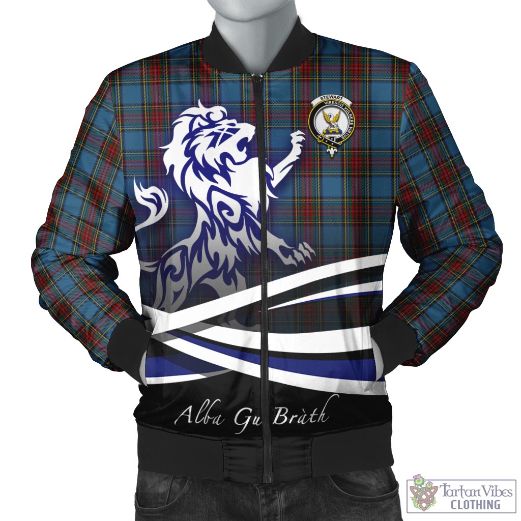 Tartan Vibes Clothing Stewart Royal Blue Tartan Bomber Jacket with Alba Gu Brath Regal Lion Emblem