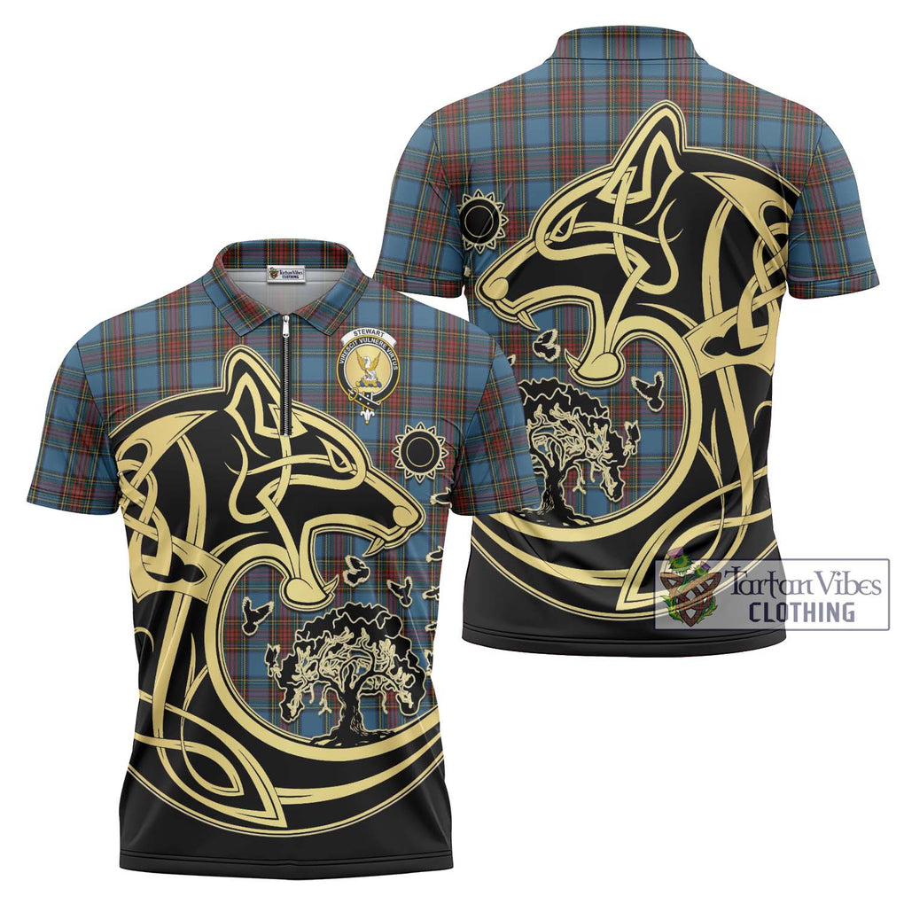 Stewart Royal Blue Tartan Zipper Polo Shirt with Family Crest Celtic Wolf Style Unisex - Tartanvibesclothing Shop