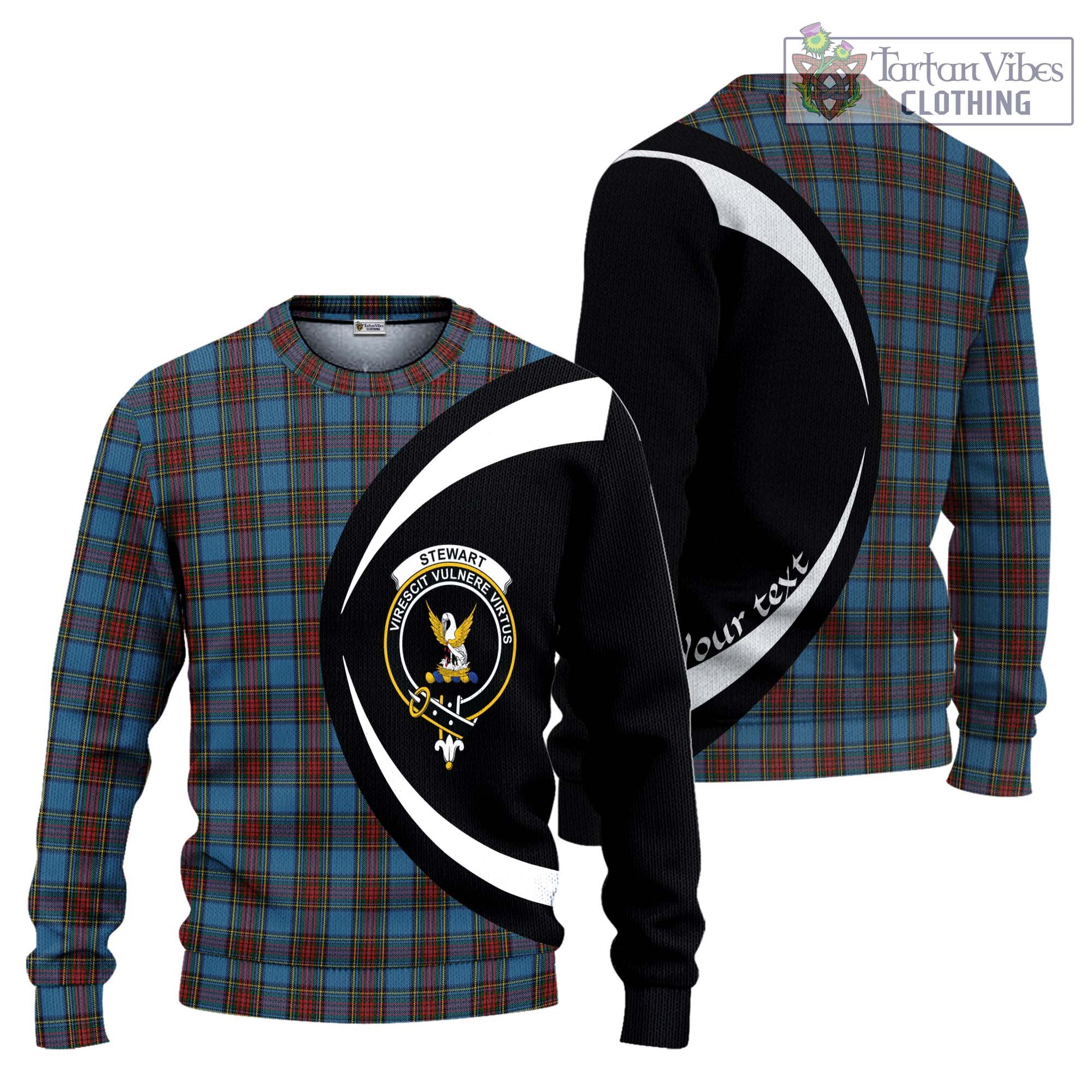 Stewart Royal Blue Tartan Knitted Sweater with Family Crest Circle Style Unisex - Tartan Vibes Clothing