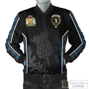 Stewart Royal Blue Tartan Bomber Jacket with Family Crest and Scottish Thistle Vibes Sport Style