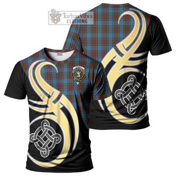 Stewart Royal Blue Tartan T-Shirt with Family Crest and Celtic Symbol Style