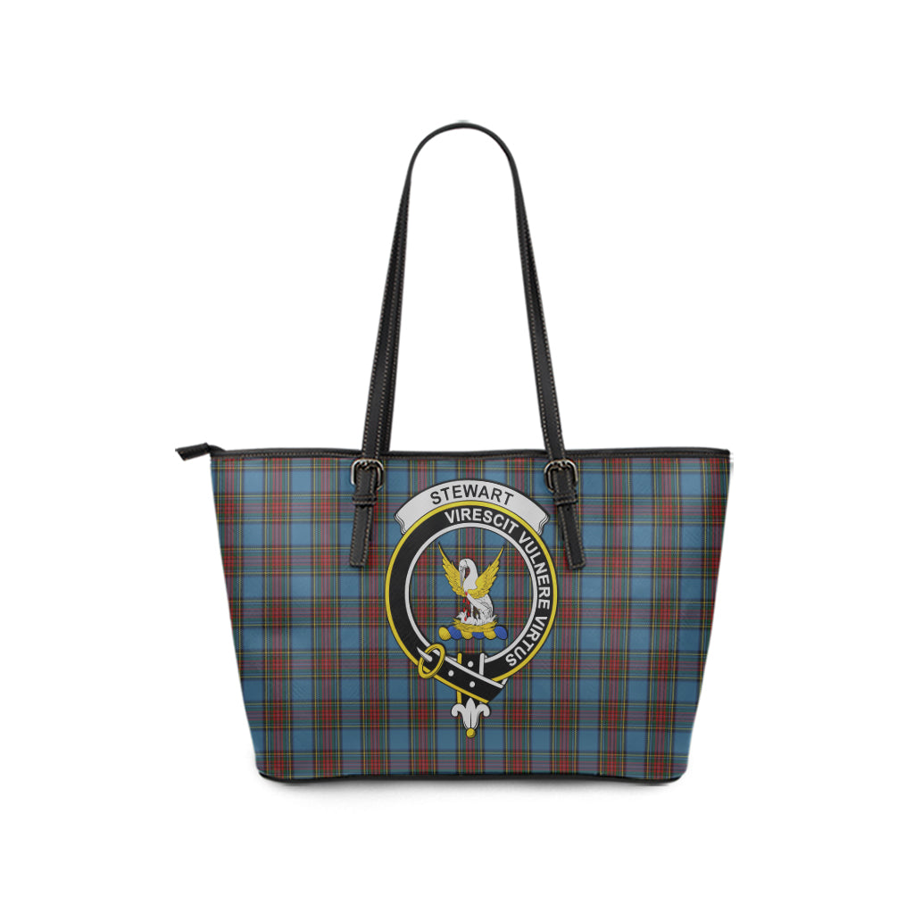 Stewart Royal Blue Tartan Leather Tote Bag with Family Crest - Tartan Vibes Clothing