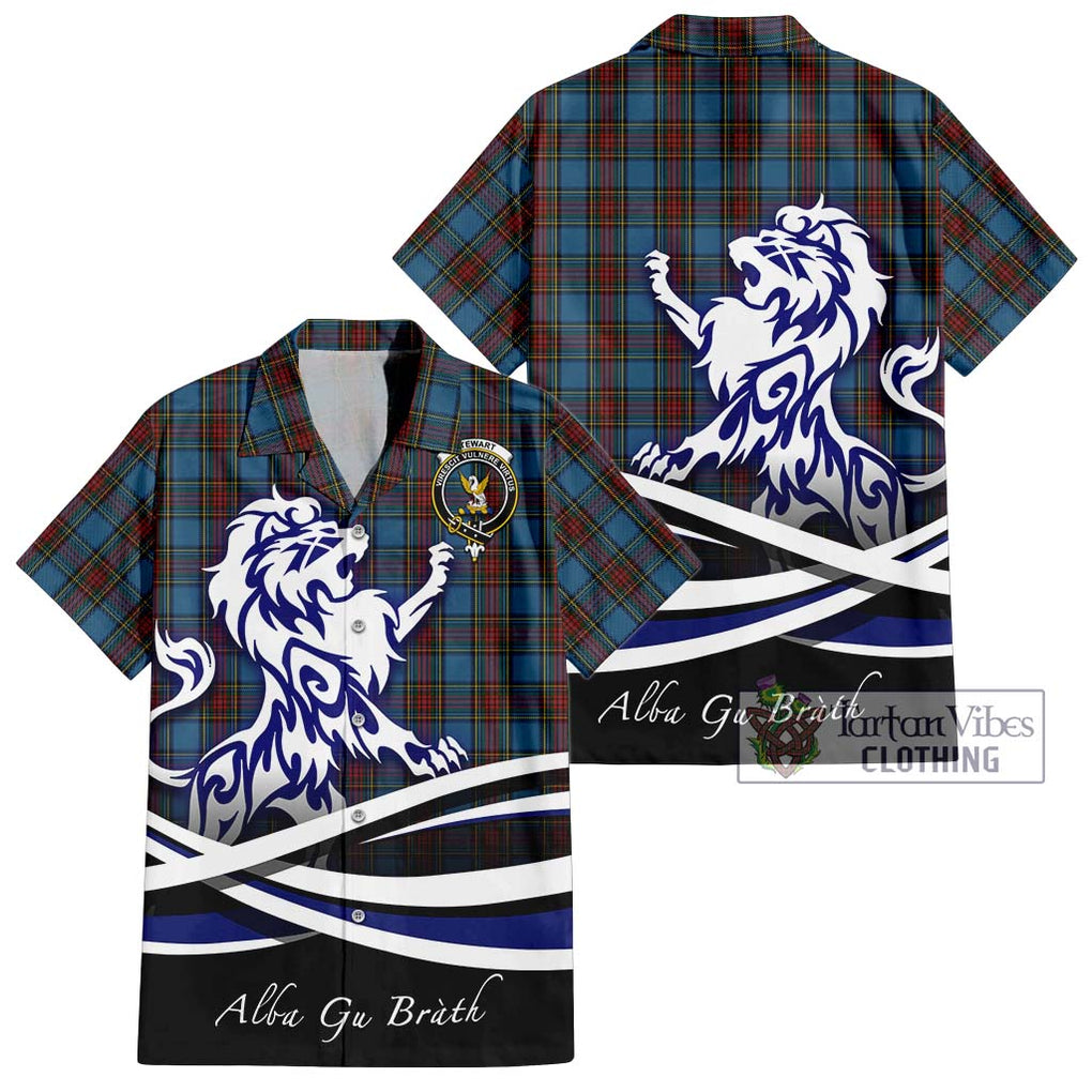 Stewart Royal Blue Tartan Short Sleeve Button Shirt with Alba Gu Brath Regal Lion Emblem Kid - Tartanvibesclothing Shop