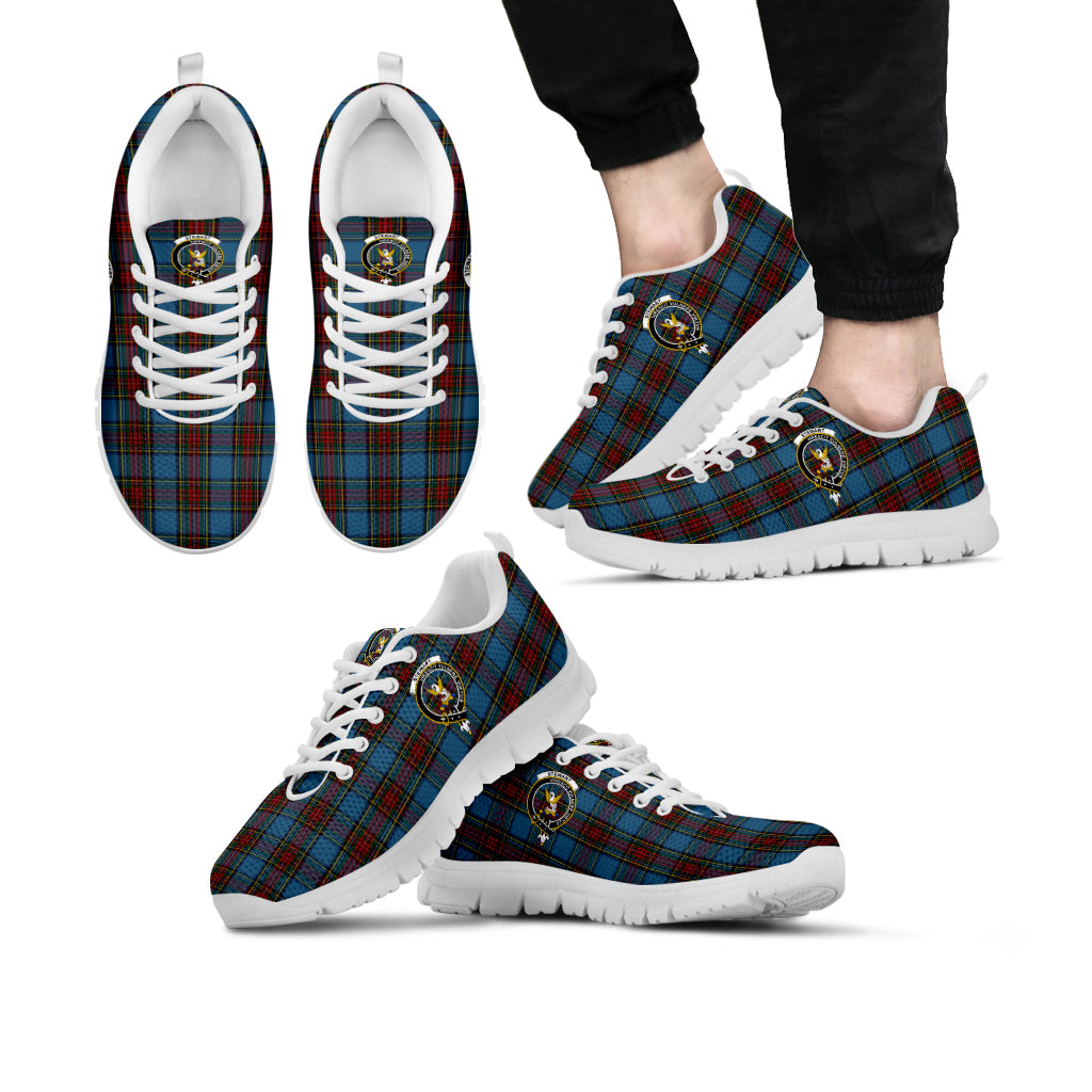 Stewart Royal Blue Tartan Sneakers with Family Crest Kid's Sneakers - Tartan Vibes Clothing