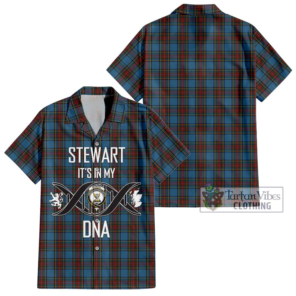 Stewart Royal Blue Tartan Short Sleeve Button Shirt with Family Crest DNA In Me Style Kid - Tartanvibesclothing Shop