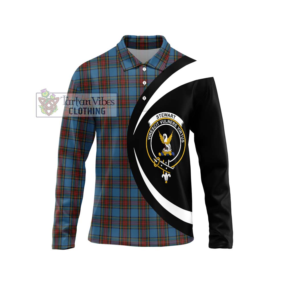 Stewart Royal Blue Tartan Long Sleeve Polo Shirt with Family Crest Circle Style Unisex - Tartan Vibes Clothing