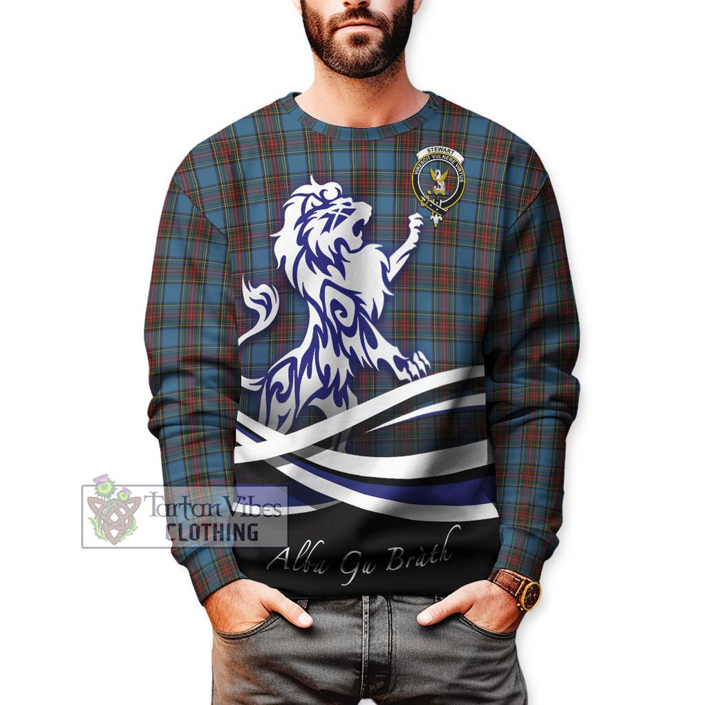 Stewart Royal Blue Tartan Sweatshirt with Alba Gu Brath Regal Lion Emblem Unisex - Tartanvibesclothing Shop