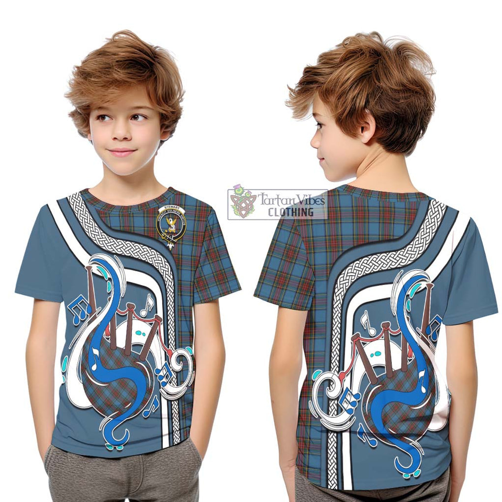 Tartan Vibes Clothing Stewart Royal Blue Tartan Kid T-Shirt with Epic Bagpipe Style