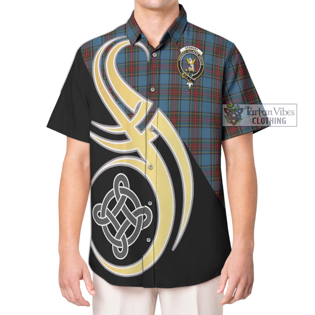 Stewart Royal Blue Tartan Short Sleeve Button Shirt with Family Crest and Celtic Symbol Style Kid - Tartan Vibes Clothing